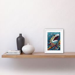 "Artery8 Wall Art Print Shark Acrylic Painting Colourful Psychedelic Patterns Aquatic Animal Pop Artwork Framed 9X7 Inch in White - Size: W7"" x H9""" - thumbnail 2