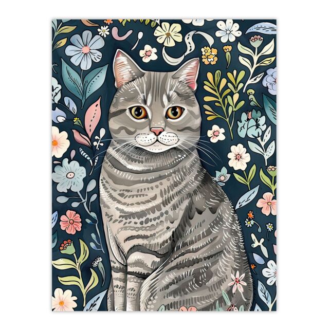 "Artery8 American Shorthair Cat Lover Floral Watercolour Wall Art Print in Blue - Size: W12"" x H16""" - image 1