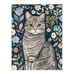 "Artery8 American Shorthair Cat Lover Floral Watercolour Wall Art Print in Blue - Size: W12"" x H16""" - thumbnail 1
