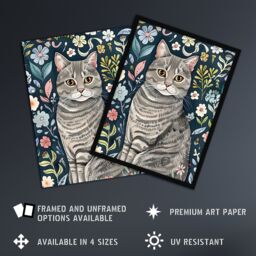 "Artery8 American Shorthair Cat Lover Floral Watercolour Wall Art Print in Blue - Size: W12"" x H16""" - thumbnail 2