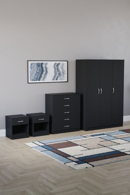 Home Discount Vida Designs 4Pc Bedroom Set 2xBedside Chest, 4 Drawer Chest, Wardrobe in Black - image 1