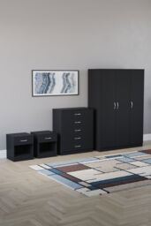 Home Discount Vida Designs 4Pc Bedroom Set 2xBedside Chest, 4 Drawer Chest, Wardrobe in Black - thumbnail 1