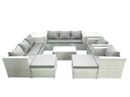 Fimous Outdoor Rattan Sofa Garden Furniture Set with 2 Armchairs Oblong Coffee Table 2 Big Footstools 2 Side Tables Light Grey Mixed