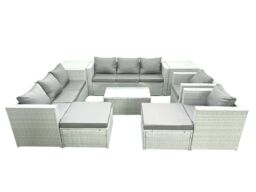 Fimous Outdoor Rattan Sofa Garden Furniture Set with 2 Armchairs Oblong Coffee Table 2 Big Footstools 2 Side Tables Light Grey Mixed - thumbnail 2