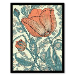 Artery8 Wall Art Print Tulip Flower Pattern Detail William Morris Style Painting Teal Blue Coral Pink Spring Blooms Nature Colourful Bright Floral - thumbnail 1