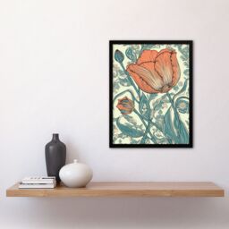 Artery8 Wall Art Print Tulip Flower Pattern Detail William Morris Style Painting Teal Blue Coral Pink Spring Blooms Nature Colourful Bright Floral - thumbnail 4