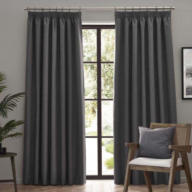 Furn Dawn Blackout Pencil Pleat Curtain Pair in Charcoal - Size: 117 cm width x 183 cm drop - image 1