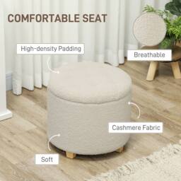 HOMCOM 45cm Round Ottoman with Storage, Lid, Cashmere Footstool, Cream White - thumbnail 6