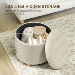 HOMCOM 45cm Round Ottoman with Storage, Lid, Cashmere Footstool, Cream White - thumbnail 4