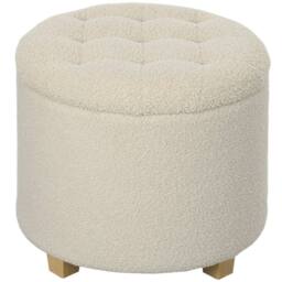 HOMCOM 45cm Round Ottoman with Storage, Lid, Cashmere Footstool, Cream White - thumbnail 2