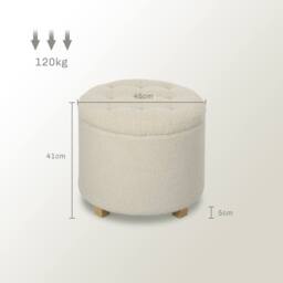 HOMCOM 45cm Round Ottoman with Storage, Lid, Cashmere Footstool, Cream White - thumbnail 3