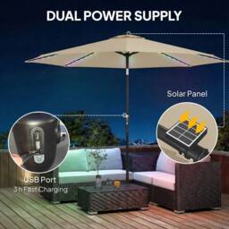 OUTSUNNY 3 m Garden Parasol Umbrella with LED Lights, Patio Umbrella in Beige - Size: 3m x 3m - thumbnail 6