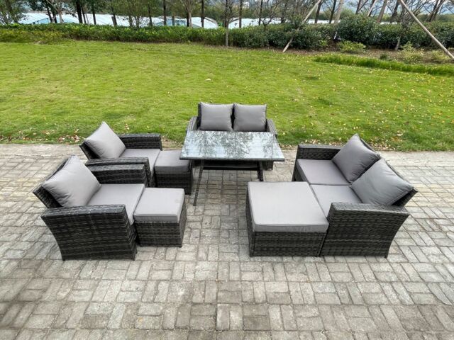 Fimous Garden Furniture Sets 8 Pieces Wicker Rattan Furniture Manual Wicker Patio Sofa Patio Conversation Set with 3 Footstools in Dark Grey