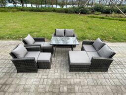Fimous Garden Furniture Sets 8 Pieces Wicker Rattan Furniture Manual Wicker Patio Sofa Patio Conversation Set with 3 Footstools in Dark Grey - thumbnail 1