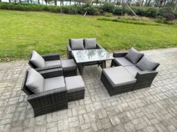 Fimous Garden Furniture Sets 8 Pieces Wicker Rattan Furniture Manual Wicker Patio Sofa Patio Conversation Set with 3 Footstools in Dark Grey - thumbnail 2