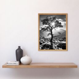 Artery8 Wall Art Print Frozen Tree Outline in Mountain Forest Landscape Covered in Snow Black & White Photograph Winter Sunshine Art Framed - thumbnail 2