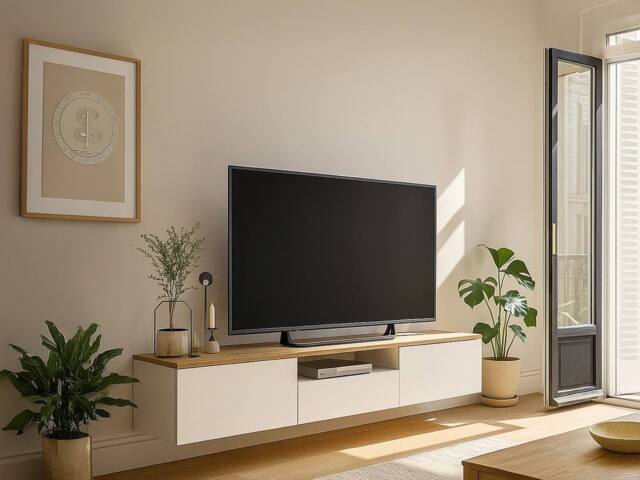 Vente-unique Wall-Mounted TV Unit With 3 Doors & 1 Niche - White & Natural in Light Oak - image 1