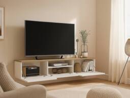 Vente-unique Wall-Mounted TV Unit With 3 Doors & 1 Niche - White & Natural in Light Oak - thumbnail 4