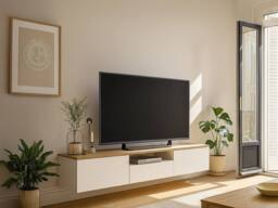 Vente-unique Wall-Mounted TV Unit With 3 Doors & 1 Niche - White & Natural in Light Oak
