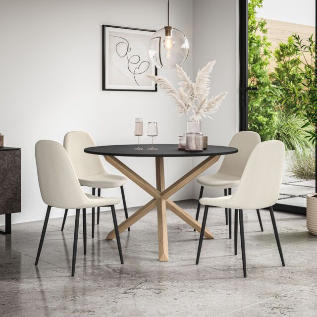 More4Homes Malvern Round Dining Table & Chairs - Black Table Top w Solid Oak Legs + Maya Boucle Dining Chair Set Of 4 in Ivory - image 1