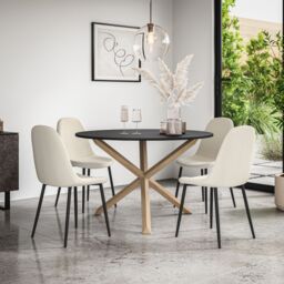 More4Homes Malvern Round Dining Table & Chairs - Black Table Top w Solid Oak Legs + Maya Boucle Dining Chair Set Of 4 in Ivory - thumbnail 1