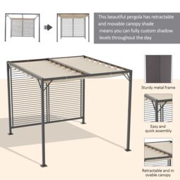 OUTSUNNY 3 x 2.8m Metal Pergola Patio Sun Shelter Grape Tent Retractable Canopy Gazebo in Beige - thumbnail 4