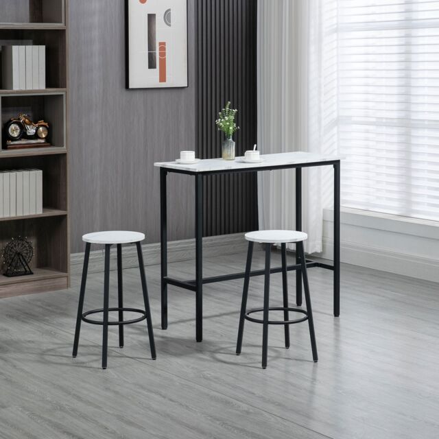 HOMCOM 3 Piece Bar Table Set for 2 with Stools Steel Frame Footrest White - image 1