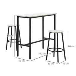 HOMCOM 3 Piece Bar Table Set for 2 with Stools Steel Frame Footrest White - thumbnail 3