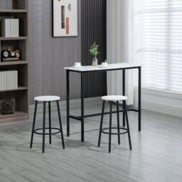 HOMCOM 3 Piece Bar Table Set for 2 with Stools Steel Frame Footrest White - thumbnail 1