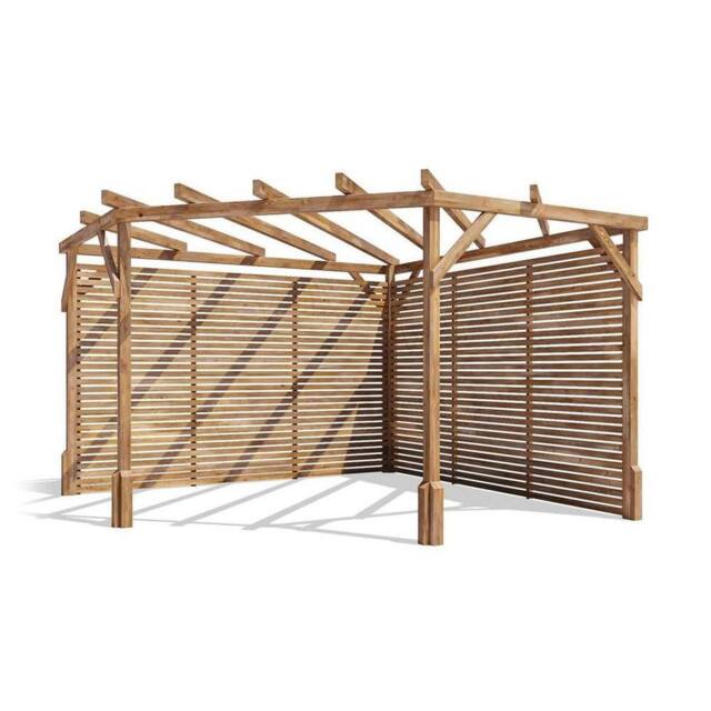 Dunster House Wooden Corner Pergola 3m x 3m with Slats & Trellis, Utopia Diamond in Brown - image 1