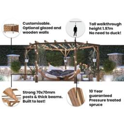 Dunster House Wooden Corner Pergola 3m x 3m with Slats & Trellis, Utopia Diamond in Brown - thumbnail 5