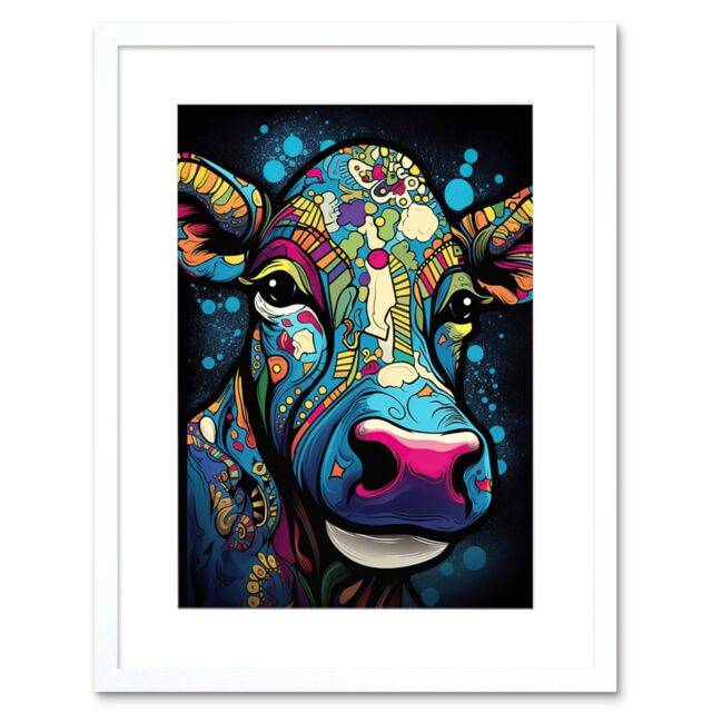 "Artery8 Wall Art Print Psychedelic Pattern Cow Acrylic Painting Colourful Folk Portrait Modern Pop Artwork Framed 9X7 Inch in White - Size: W7"" x H9""" - image 1