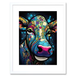 "Artery8 Wall Art Print Psychedelic Pattern Cow Acrylic Painting Colourful Folk Portrait Modern Pop Artwork Framed 9X7 Inch in White - Size: W7"" x H9""" - thumbnail 1
