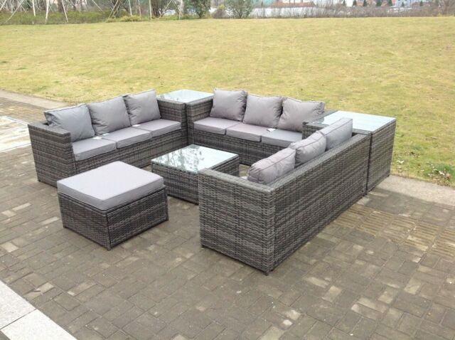 Fimous 10 Seater U Shape Rattan Sofa Set Outdoor Garden Furniture Patio With 3 Table in Dark Grey - image 1