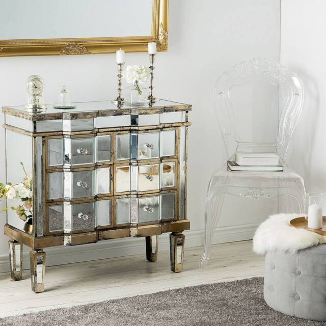 Wyld and Coco Mirrored Sideboard 6 Drawers Distressed Gold Trim in Silver - image 1