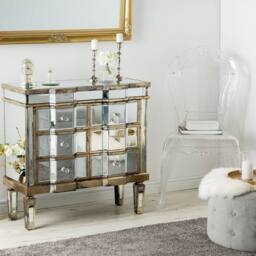 Wyld and Coco Mirrored Sideboard 6 Drawers Distressed Gold Trim in Silver
