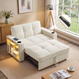 FORGEVIO 2 Seater Sofa Bed Beige 3-in-1 Convertible Fabric in White - thumbnail 5