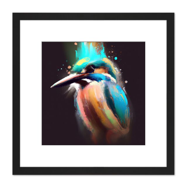 Artery8 Kingfisher Abstract Paint Splatter Bird Watercolour Painting Teal Turquoise Orange Square Wooden Framed Wall Art Print Picture 8X8 Inch - image 1