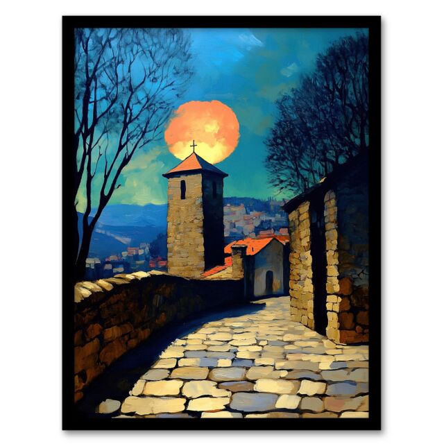 "Artery8 Sunset Sun Over Medieval Sicily Village Travel Framed Art Print in Blue - Size: W12"" x H16""" - image 1
