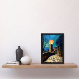 "Artery8 Sunset Sun Over Medieval Sicily Village Travel Framed Art Print in Blue - Size: W12"" x H16""" - thumbnail 4