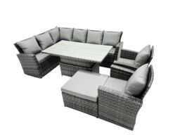 Fimous Poly Rattan Outdoor Patio Corner Sofa Set with Big Stool, 2 Chairs in Dark Grey - thumbnail 2