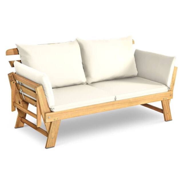 Gymax Outdoor Daybed Patio Couch Wooden Sofa Bed Folding Chaise Lounge Bench in White - image 1