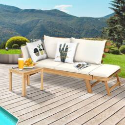 Gymax Outdoor Daybed Patio Couch Wooden Sofa Bed Folding Chaise Lounge Bench in White - thumbnail 2
