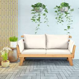 Gymax Outdoor Daybed Patio Couch Wooden Sofa Bed Folding Chaise Lounge Bench in White - thumbnail 7
