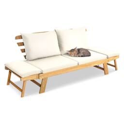 Gymax Outdoor Daybed Patio Couch Wooden Sofa Bed Folding Chaise Lounge Bench in White - thumbnail 3