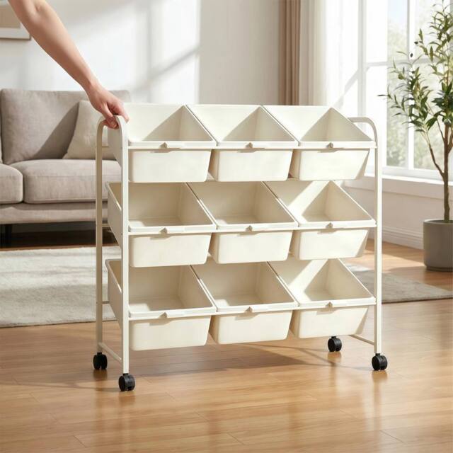 Kelvenix Triple Row Mobile Metal Plastic Office Storage Cart Shelf in White - Size: 0.6m2 - image 1