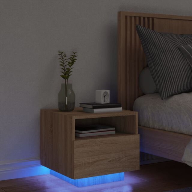 Berkfield Home Bedside Cabinet with LED Lights Sonoma Oak 40x39x37 cm in Brown - Size: 40 x 39 x 37 cm - image 1