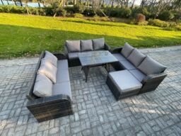 Fimous 10 Seater Wicker Rattan Garden Furniture Set with Rectangular Dining Table Big Footstool Patio Outdoor Lounge Sofa Set in Dark Grey - thumbnail 2