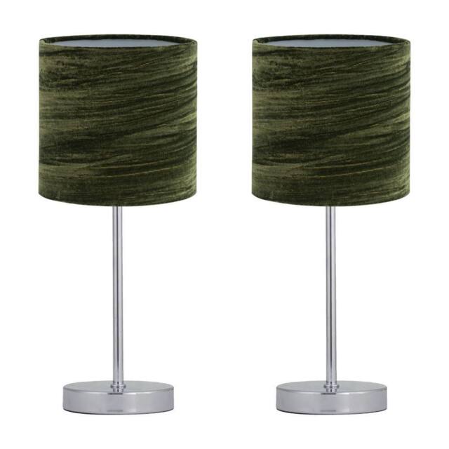 First Choice Lighting Set of 2 Chrome Stick Table Lamps with Green Crushed Velvet Shades in Silver - image 1