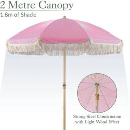 Christow Portable Parasol Beach Garden Tilting Umbrella Fringed Tassel Sun Shade UV50+ 2m in Pink - thumbnail 5